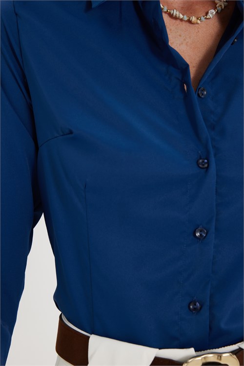 Kadın Slim Fit Dar Kesim Pensli Vucüda Oturan Klasik Yaka Uzun Kollu Likralı Lacivert Gömlek