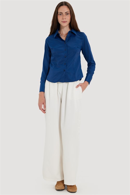 Kadın Slim Fit Dar Kesim Pensli Vucüda Oturan Klasik Yaka Uzun Kollu Likralı Lacivert Gömlek