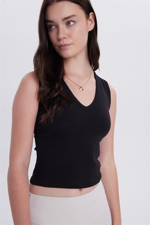 Kadın Slim Fit Dar Kesim V Yaka Sıfır Kol Pamuklu Ribanalı Siyah Bluz