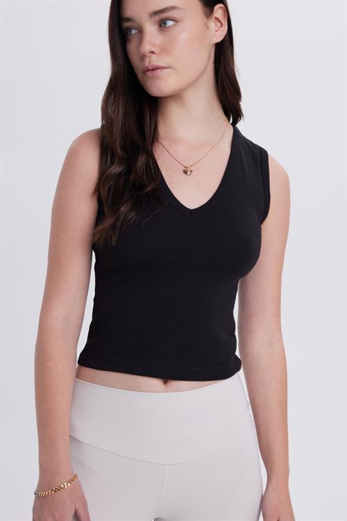 Kadın Slim Fit Dar Kesim V Yaka Sıfır Kol Pamuklu Ribanalı Siyah Bluz