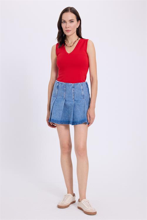 Kadın Slim Fit Dar Kesim V Yaka Sıfır Kol Pamuklu Ribanalı Kırmızı Bluz