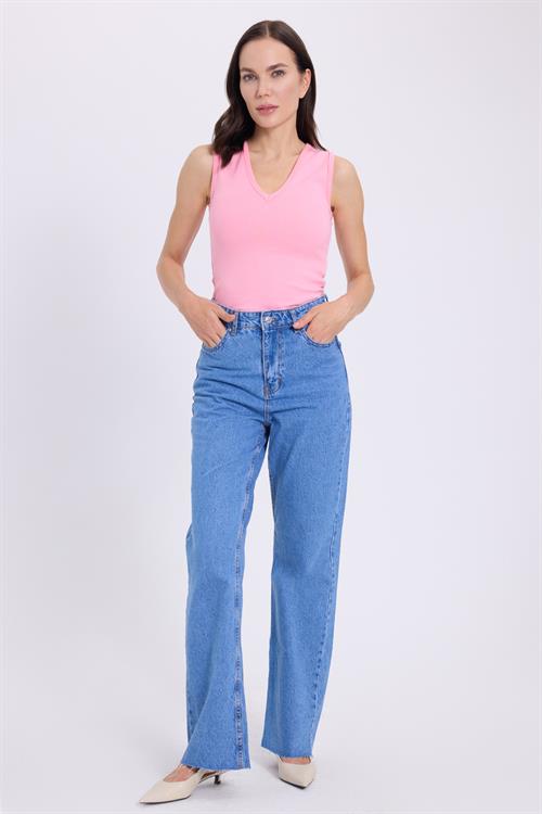 Kadın Slim Fit Dar Kesim V Yaka Sıfır Kol Pamuklu Ribanalı Pembe Bluz