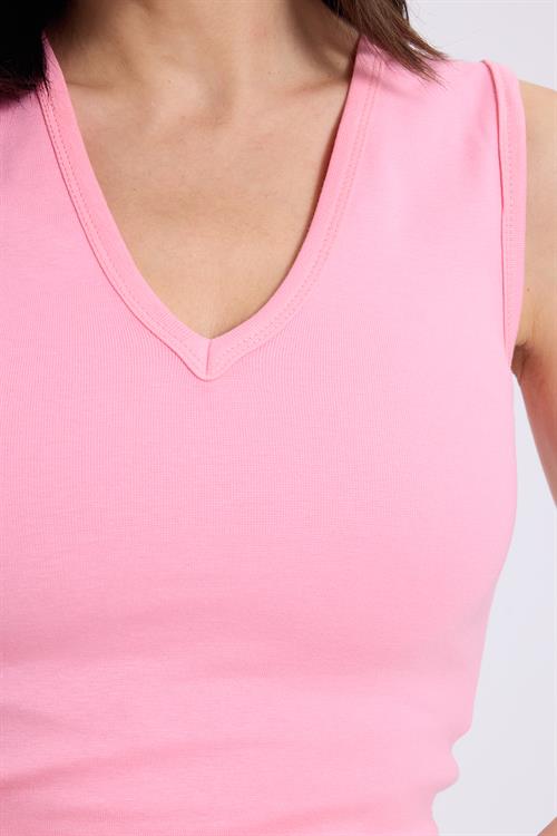 Kadın Slim Fit Dar Kesim V Yaka Sıfır Kol Pamuklu Ribanalı Pembe Bluz