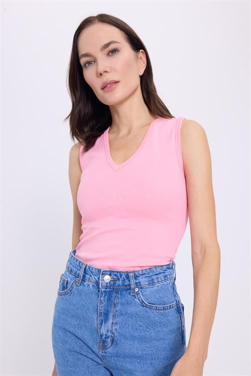Kadın Slim Fit Dar Kesim V Yaka Sıfır Kol Pamuklu Ribanalı Pembe Bluz