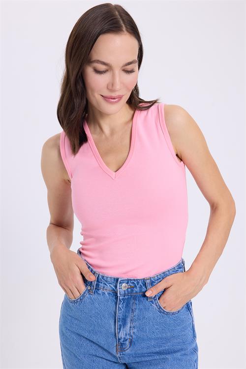 Kadın Slim Fit Dar Kesim V Yaka Sıfır Kol Pamuklu Ribanalı Pembe Bluz