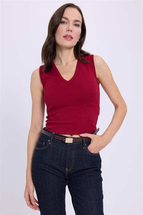 Kadın Slim Fit Dar Kesim V Yaka Sıfır Kol Pamuklu Ribanalı Bordo Bluz