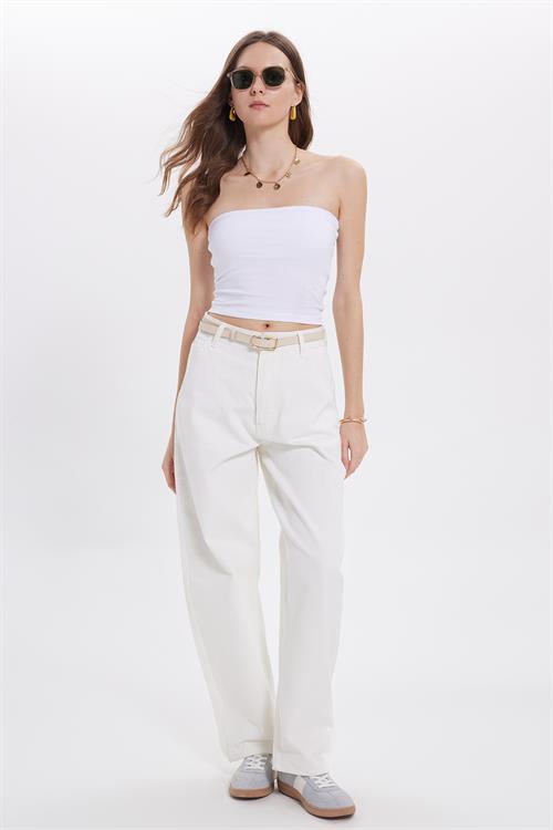 Kadın Slim Fit Dar Kesim Pamuklu Straplez Beyaz Bluz