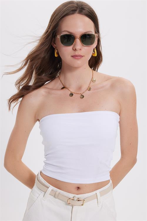 Kadın Slim Fit Dar Kesim Pamuklu Straplez Beyaz Bluz