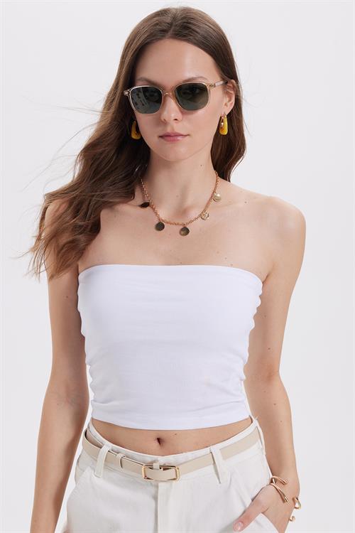 Kadın Slim Fit Dar Kesim Pamuklu Straplez Beyaz Bluz