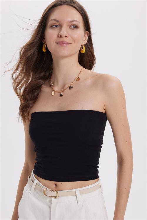 Kadın Slim Fit Dar Kesim Pamuklu Straplez Siyah Bluz