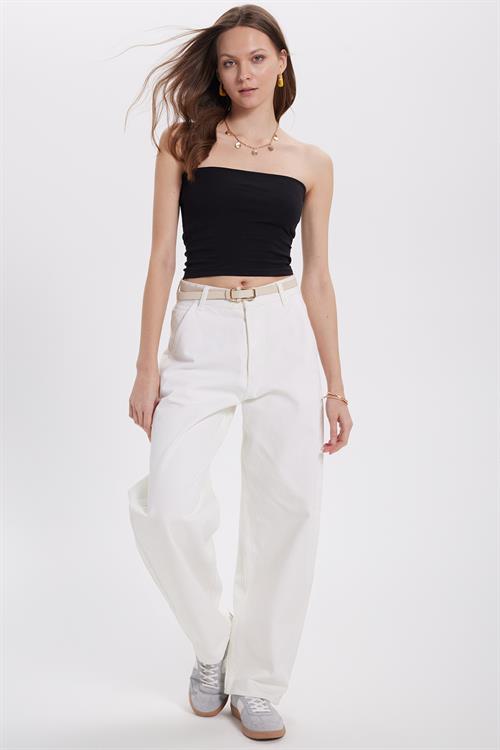 Kadın Slim Fit Dar Kesim Pamuklu Straplez Siyah Bluz
