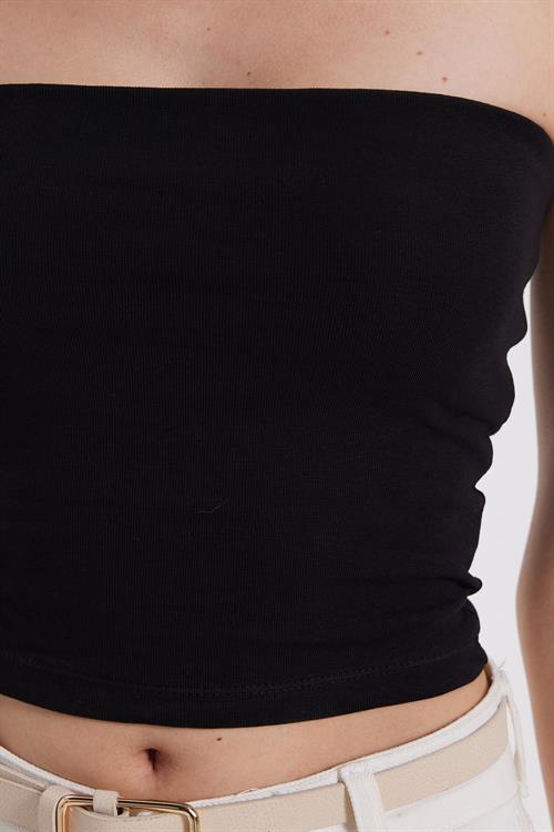 Kadın Slim Fit Dar Kesim Pamuklu Straplez Siyah Bluz