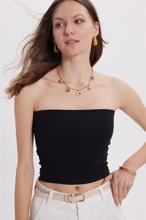 Kadın Slim Fit Dar Kesim Pamuklu Straplez Siyah Bluz