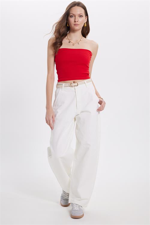 Kadın Slim Fit Dar Kesim Pamuklu Straplez Kırmızı Bluz