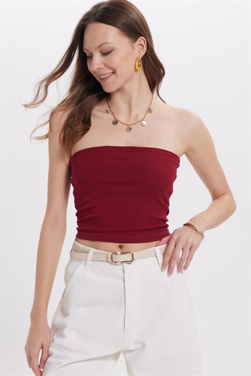 Kadın Slim Fit Dar Kesim Pamuklu Straplez Bordo  Bluz