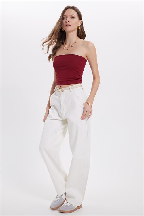 Kadın Slim Fit Dar Kesim Pamuklu Straplez Bordo  Bluz