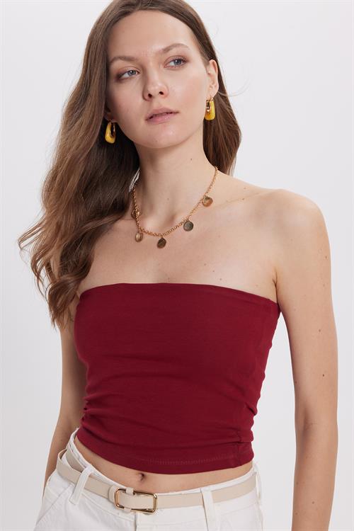 Kadın Slim Fit Dar Kesim Pamuklu Straplez Bordo  Bluz