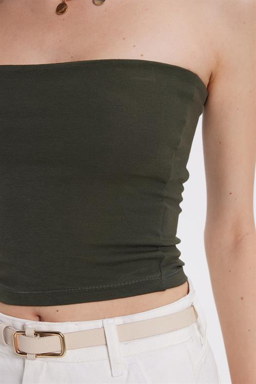 Kadın Slim Fit Dar Kesim Pamuklu Straplez Haki Bluz