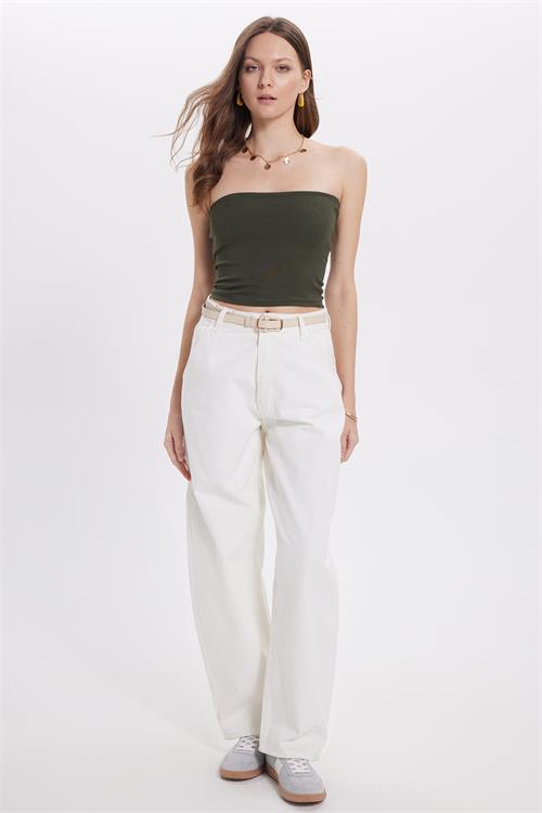 Kadın Slim Fit Dar Kesim Pamuklu Straplez Haki Bluz