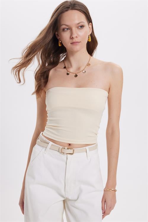 Kadın Slim Fit Dar Kesim Pamuklu Straplez Bej Bluz