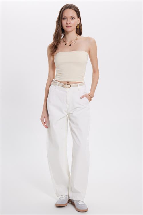 Kadın Slim Fit Dar Kesim Pamuklu Straplez Bej Bluz