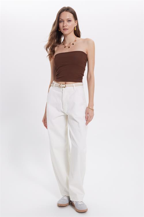 Kadın Slim Fit Dar Kesim Pamuklu Straplez Koyu Kahve Bluz
