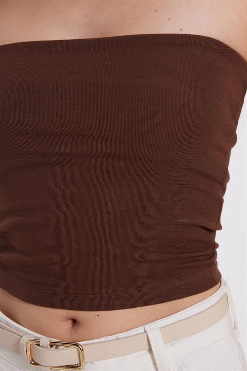 Kadın Slim Fit Dar Kesim Pamuklu Straplez Koyu Kahve Bluz
