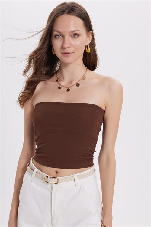 Kadın Slim Fit Dar Kesim Pamuklu Straplez Koyu Kahve Bluz