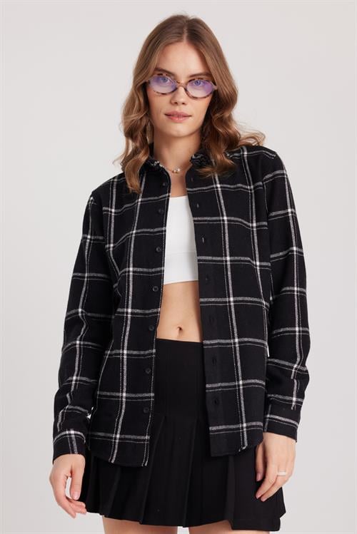 Kadın Slim Fit Dar Kesim Uzun Kollu Kareli Kışlık Oduncu Gömlek