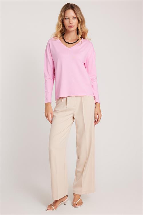 Kadın Slim Fit Dar Kesim Viskonlu Kumaş V Yaka Pembe Bluz