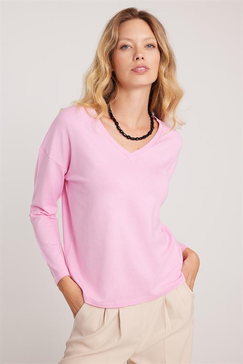 Kadın Slim Fit Dar Kesim Viskonlu Kumaş V Yaka Pembe Bluz