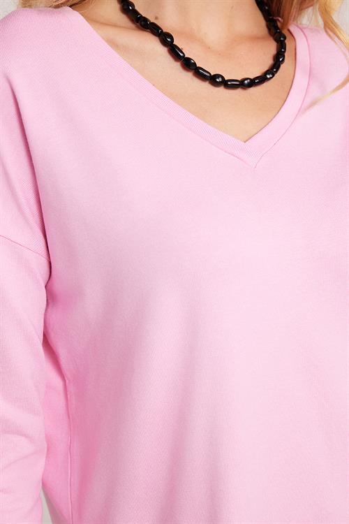 Kadın Slim Fit Dar Kesim Viskonlu Kumaş V Yaka Pembe Bluz