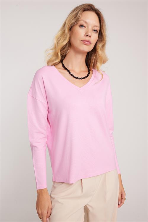 Kadın Slim Fit Dar Kesim Viskonlu Kumaş V Yaka Pembe Bluz