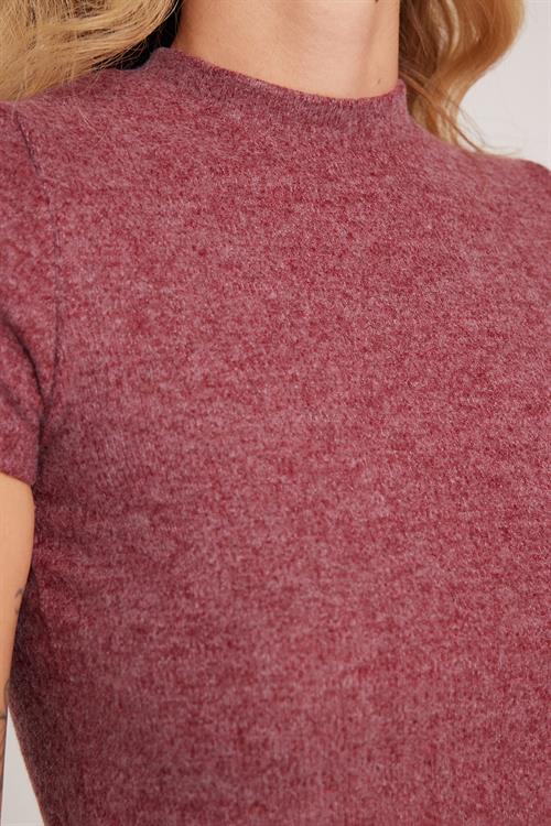 Kadın Slim Fit Dar Kesim Yarım Balıkçı Yaka Kısa Kollu Bordo Bluz