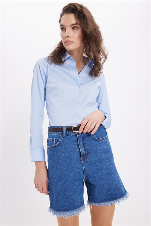 Kadın Slim Fit Non-Iron Pamuklu Vücuda Oturan Ütü Gerektirmez Pensli Mavi Gömlek