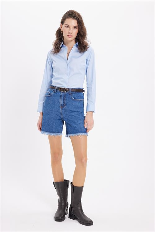 Kadın Slim Fit Non-Iron Pamuklu Vücuda Oturan Ütü Gerektirmez Pensli Mavi Gömlek