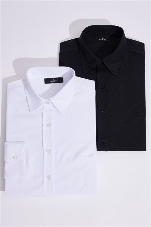Kadın 2li Paket Siyah-Beyaz Slim Fit Dar Kesim Uzun Kollu Pamuklu Vücuda Oturan Dokulu Basic Gömlek
