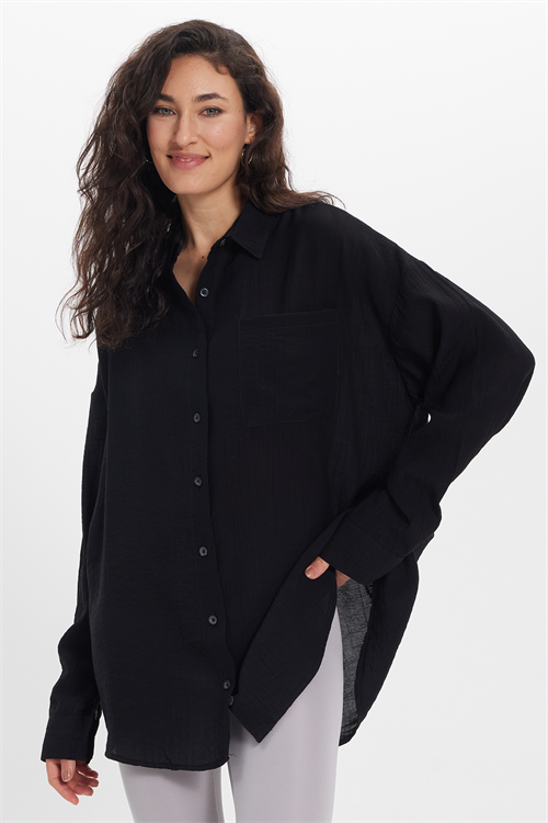 Kadın Oversize Rahat Kesim Uzun Kollu Düz Viskonlu Siyah Gömlek