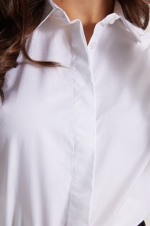 Kadın Slim Fit Dar Kesim %100 Pamuk Spor Yaka Gizli Pat Uzun Kollu Düz Oxford Leke Tutmaz Beyaz Gömlek