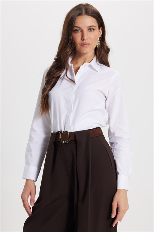 Kadın Slim Fit Dar Kesim %100 Pamuk Spor Yaka Gizli Pat Uzun Kollu Düz Oxford Leke Tutmaz Beyaz Gömlek