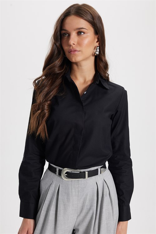 Kadın Slim Fit Dar Kesim %100 Pamuk Spor Yaka Gizli Pat Uzun Kollu Düz Oxford Leke Tutmaz Siyah Gömlek