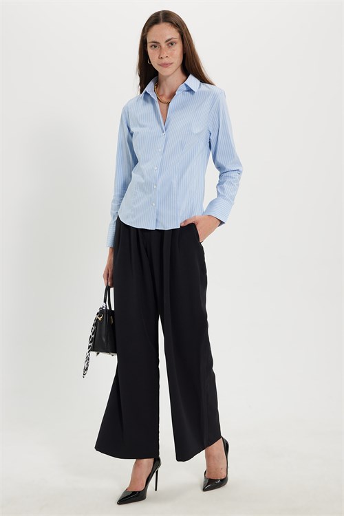 Kadın Slim Fit Dar Kesim Pamuklu Uzun Kollu Çizgili Mavi Kadın Gömlek
