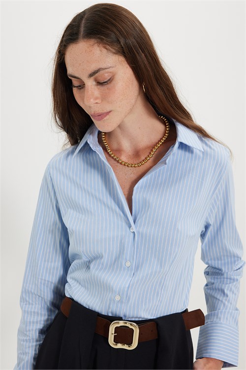 Kadın Slim Fit Dar Kesim Pamuklu Uzun Kollu Çizgili Mavi Kadın Gömlek