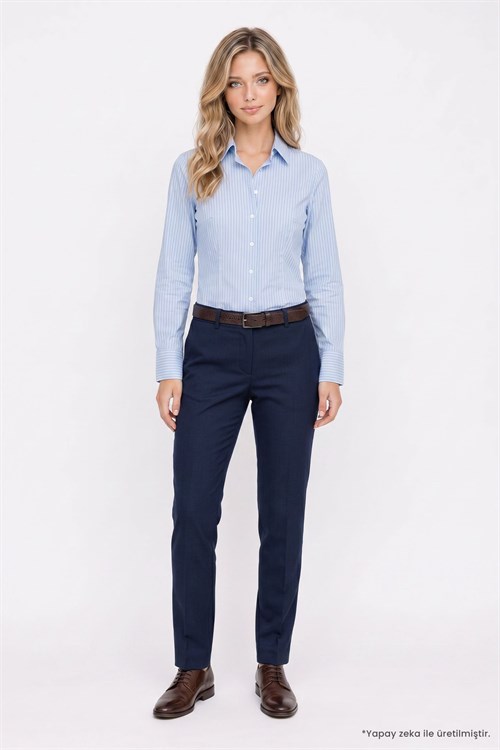 Kadın Slim Fit Dar Kesim Pamuklu Uzun Kollu Çizgili Mavi Kadın Gömlek