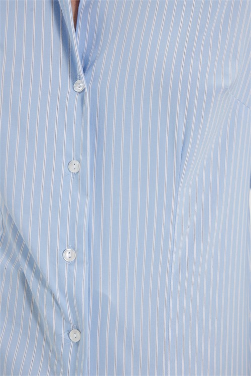 Kadın Slim Fit Dar Kesim Pamuklu Uzun Kollu Çizgili Mavi Kadın Gömlek
