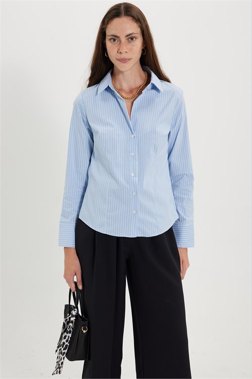 Kadın Slim Fit Dar Kesim Pamuklu Uzun Kollu Çizgili Mavi Kadın Gömlek