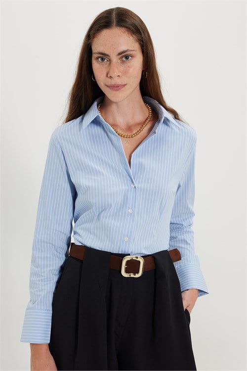 Kadın Slim Fit Dar Kesim Pamuklu Uzun Kollu Çizgili Mavi Kadın Gömlek