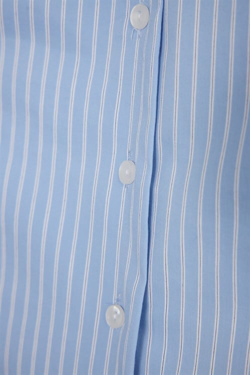 Kadın Slim Fit Dar Kesim Pamuklu Uzun Kollu Çizgili Mavi Kadın Gömlek