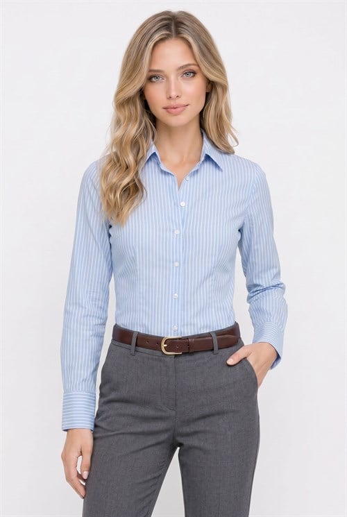 Kadın Slim Fit Dar Kesim Pamuklu Uzun Kollu Çizgili Mavi Kadın Gömlek