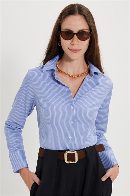 Kadın Slim Fit Dar Kesim Pamuklu Uzun Kollu Çizgili Mavi Kadın Gömlek